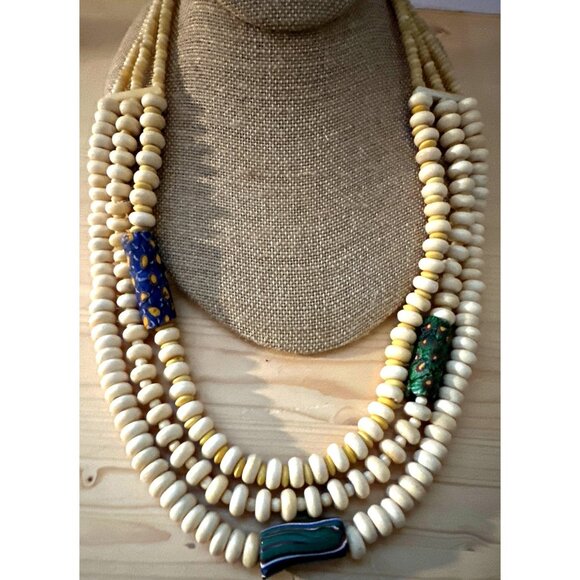 Vintage Venetian African Trade Bead Necklace Glass Carved Bone Layers Millefiori - Picture 4 of 12